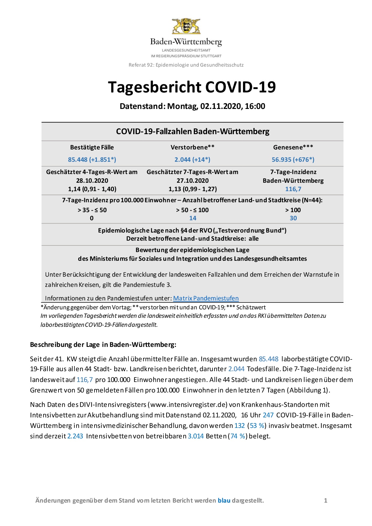 COVID-19 Tagesbericht (02.11.2020) des Landesgesundheitsamts Baden-Württemberg – (ausführlicher)