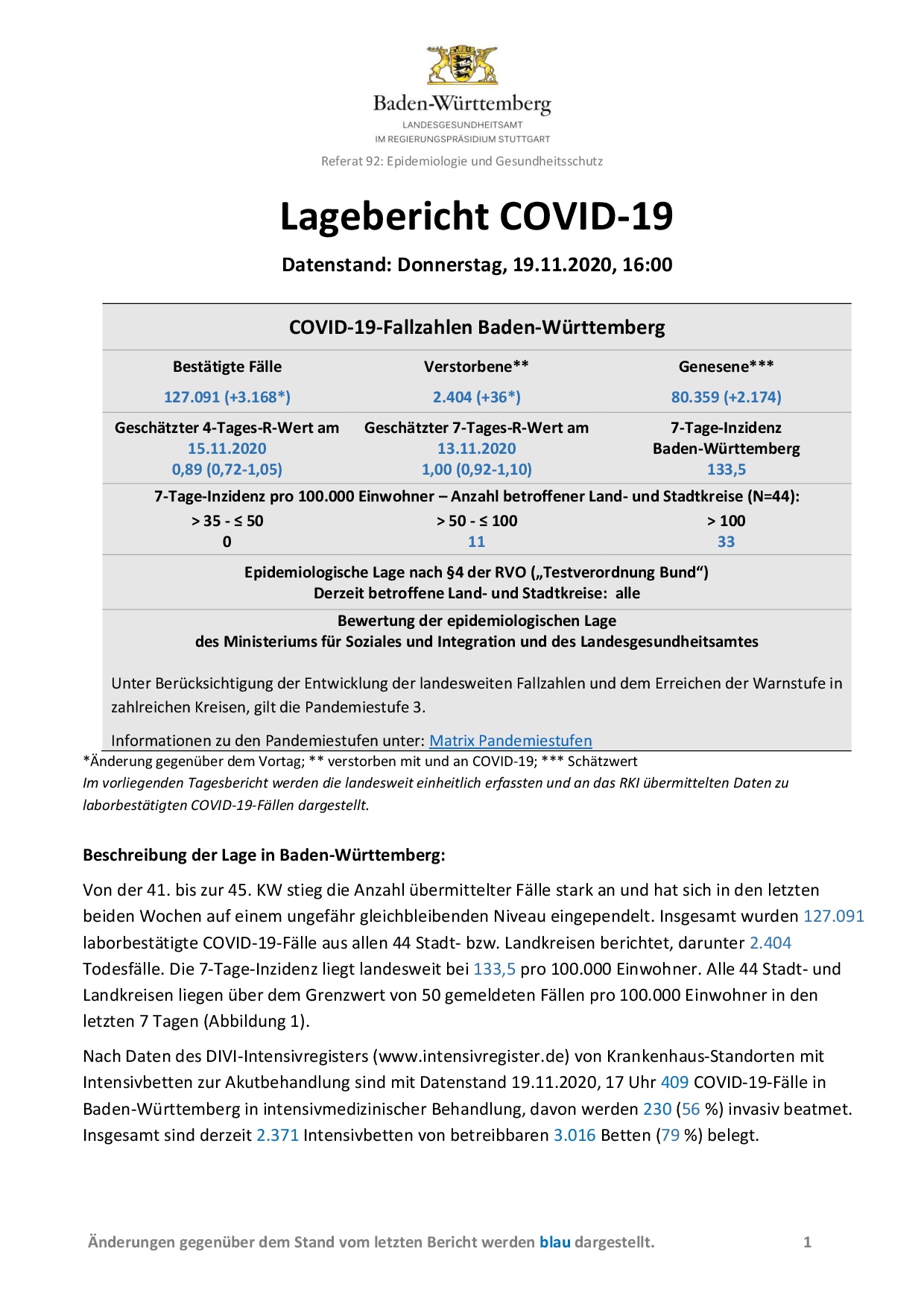 COVID-19 Tagesbericht (19.11.2020) des Landesgesundheitsamts Baden-Württemberg – (ausführlicher)