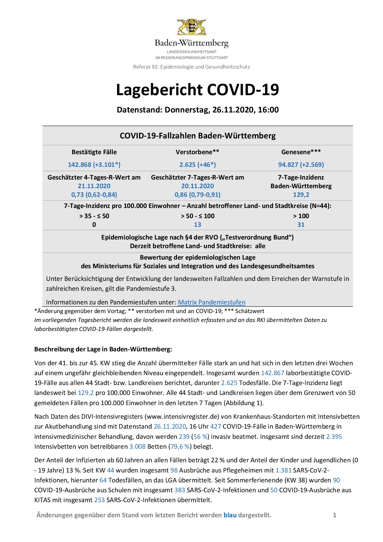 COVID-19 Tagesbericht (26.11.2020) des Landesgesundheitsamts Baden-Württemberg – (ausführlicher)