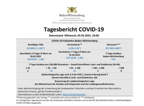 COVID-19 Tagesbericht (03.03.2021) des Landesgesundheitsamts Baden-Württemberg – (ausführlich)