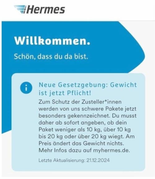 Hermes kündigt die Neue Kennzeichnungspflicht für Pakete bereits an. Foto: Screenshot/Hermes